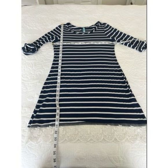 Loila Navy Blue White Striped Roll Tab Sleeve Crew Neck Lace Hem Dress M - Picture 9 of 12